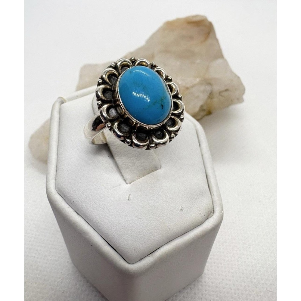 Sterling Silver Blue Turquoise Ring Size 7 Southwestern Scalloped Sunburst 925